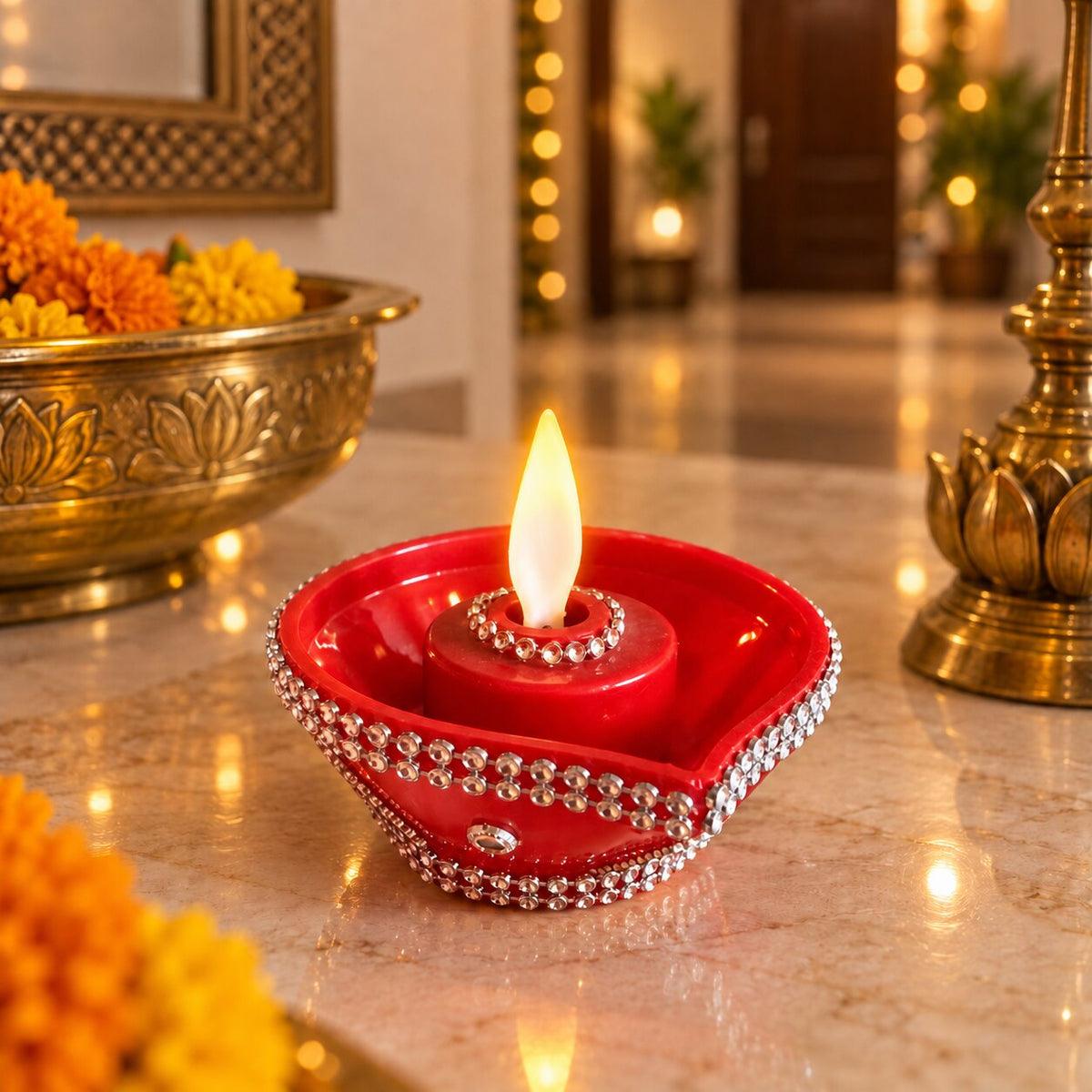 Moving Flame diya, lifestyle marigold [DIA-SKU-MW-L05-lifestyle-marigold]